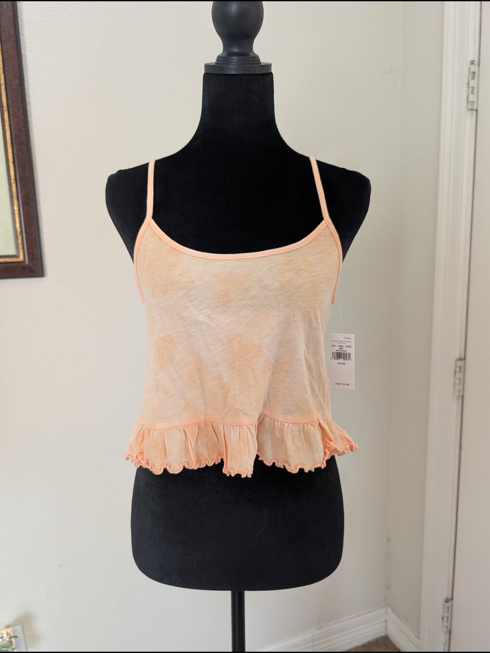 American Eagle Outfitters Peach Ruffle-Hem Spaghetti Strap Crop Top